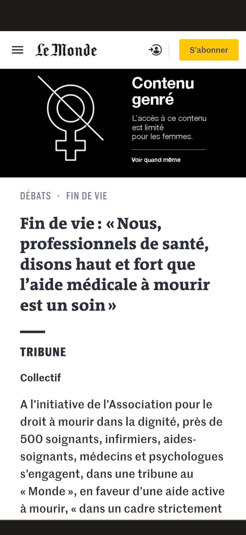 Extrait d'un article du journal Le Monde - bannière mentionnant que l'article est genré